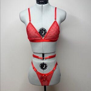 Red Sheer Mesh Lingerie Set 3 PC  Bra Thong Strappy Harness NWT Size S